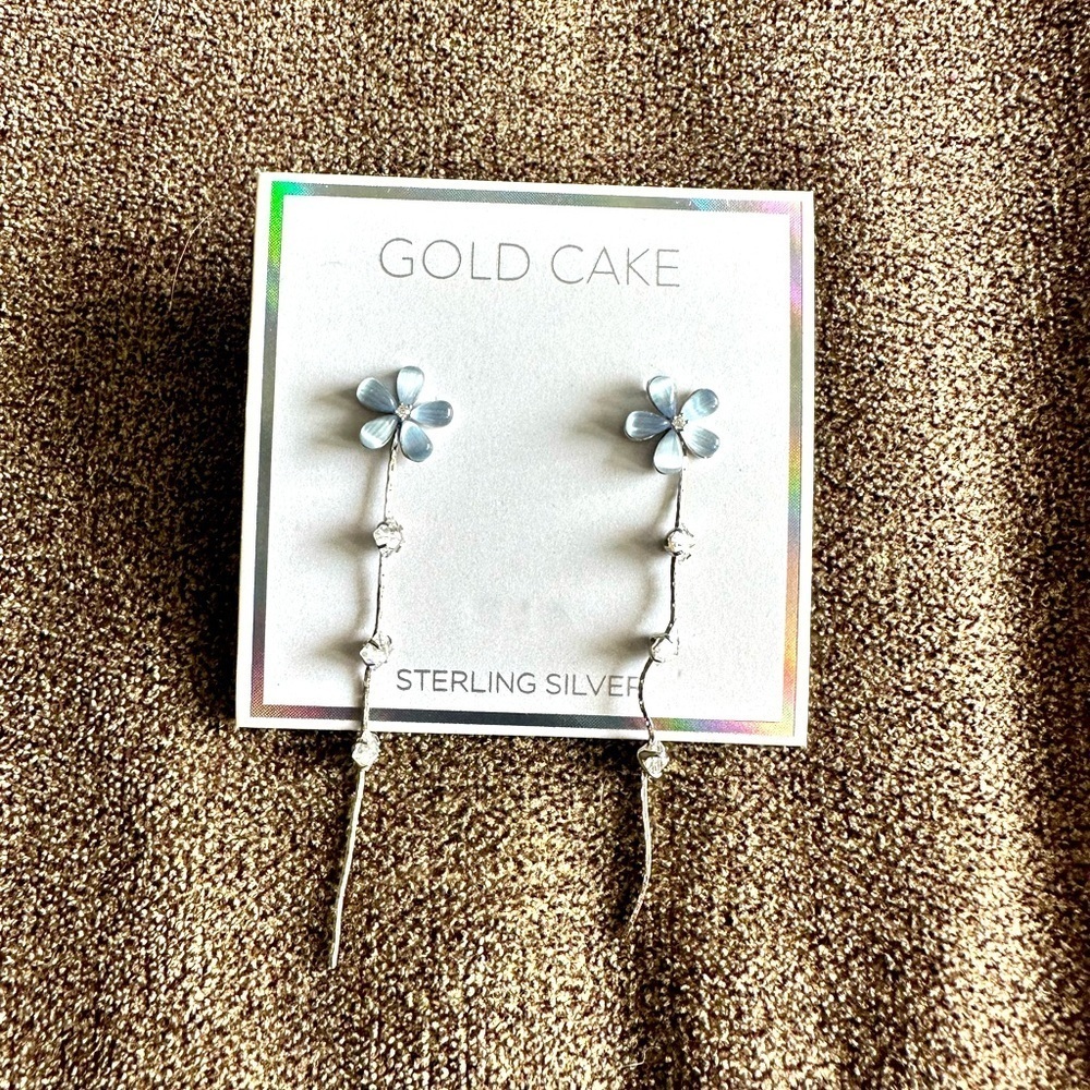 Gold Cake Sterling Silver Blue Flower Rhinestone Dangle Earrings